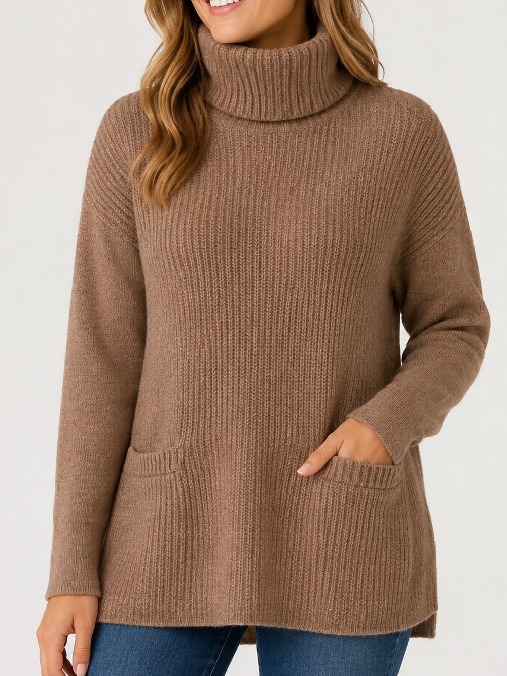 Ellen Tracy Women’s Size M Brown Wool Yak Hair Knit Turtleneck Sweater Pockets